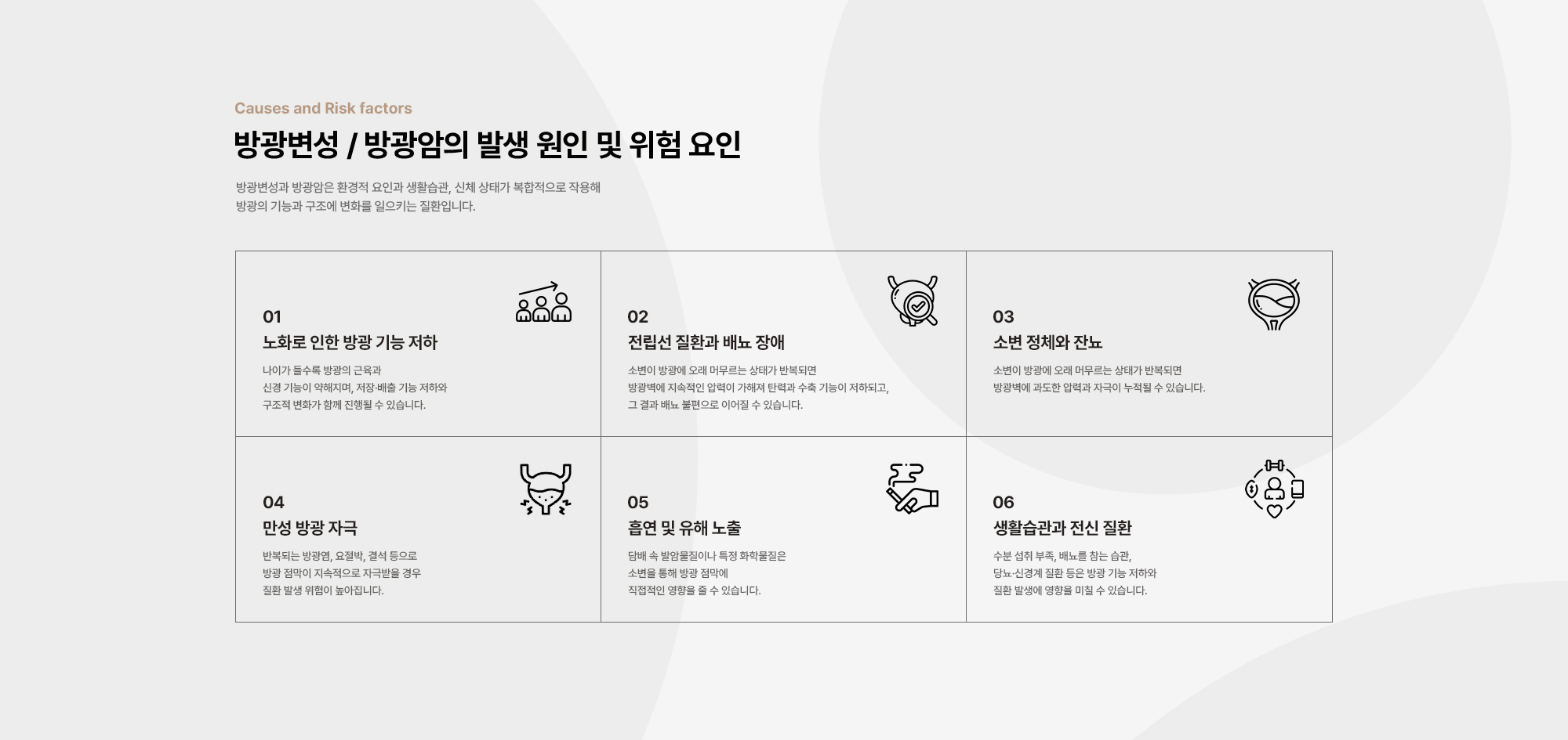
        방광변성 / 방광암의 발생 원인 및 위험 요인 : 노화로 인한 방광 기능 저하, 전립선 질환과 배뇨 장애, 소변 정체와 잔뇨, 만성 방광 자극, 흡연 및 유해 노출, 생활습관과 전신 질환