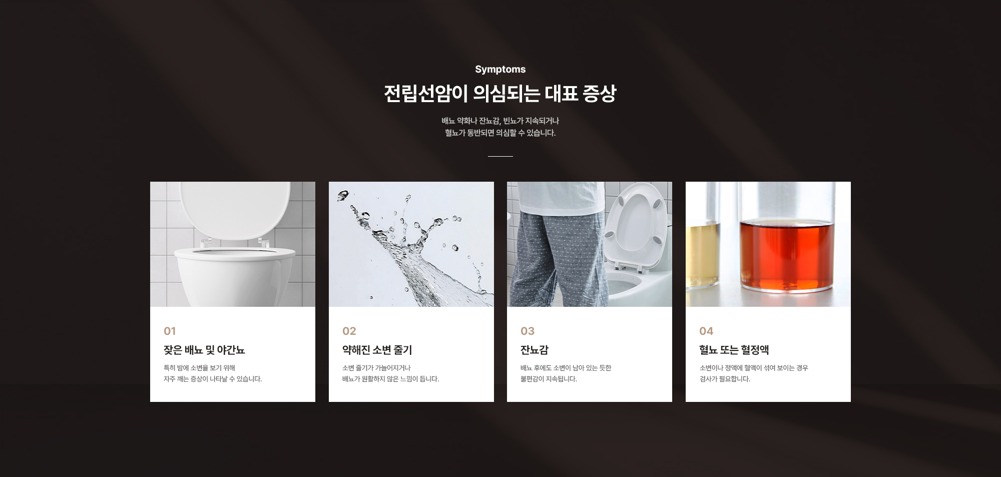 
        전립선암이 의심되는 대표 증상 : 잦은 배뇨 및 야간뇨, 약해진 소변 줄기, 잔뇨감, 혈뇨 또는 혈정액
