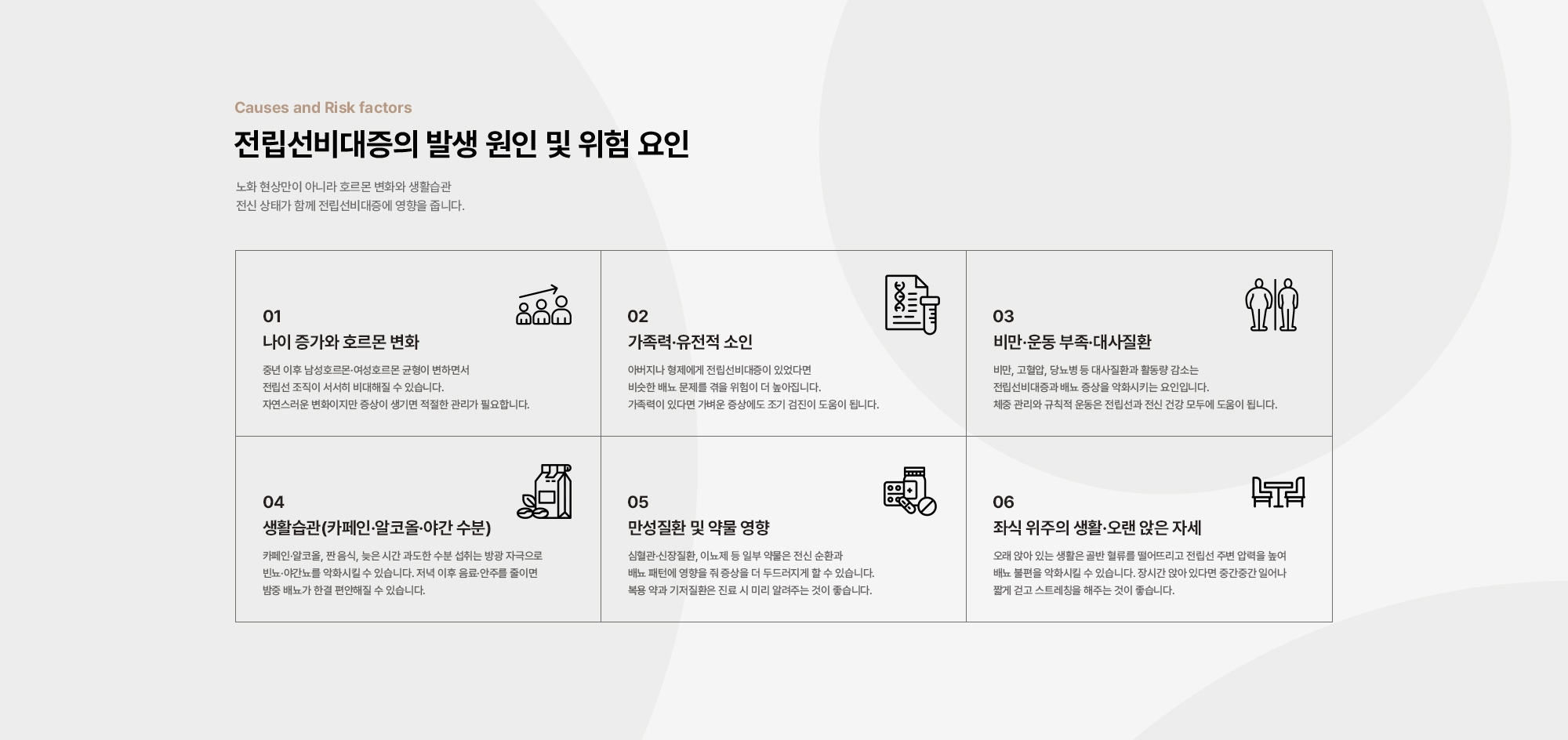 
        전립선비대증의 발생 원인 및 위험 요인 : 나이 증가와 호르몬 변화, 가족력·유전적 소인, 비만·운동 부족·대사질환,
        생활습관(카페인·알코올·야간 수분), 만성질환 및 약물 영향, 좌식 위주의 생활·오랜 앉은 자세