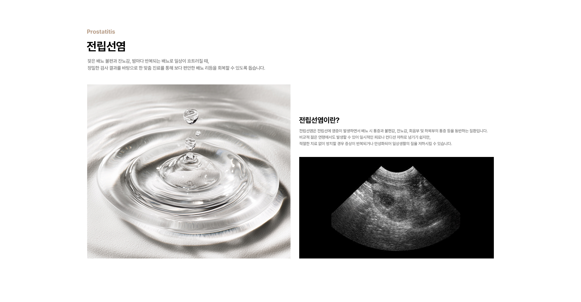 
        전립선염 : 잦은 배뇨 불편과 잔뇨감, 밤마다 반복되는 배뇨로 일상이 흐트러질 때, 정밀한 검사 결과를 바탕으로 한 맞춤 진료를 통해 보다 편안한 배뇨 리듬을 회복할 수 있도록 돕습니다.
        전립선염이란? 전립선염은 전립선에 염증이 발생하면서 배뇨 시 통증과 불편감, 잔뇨감, 회음부 및 하복부의 통증 등을 동반하는 질환입니다.