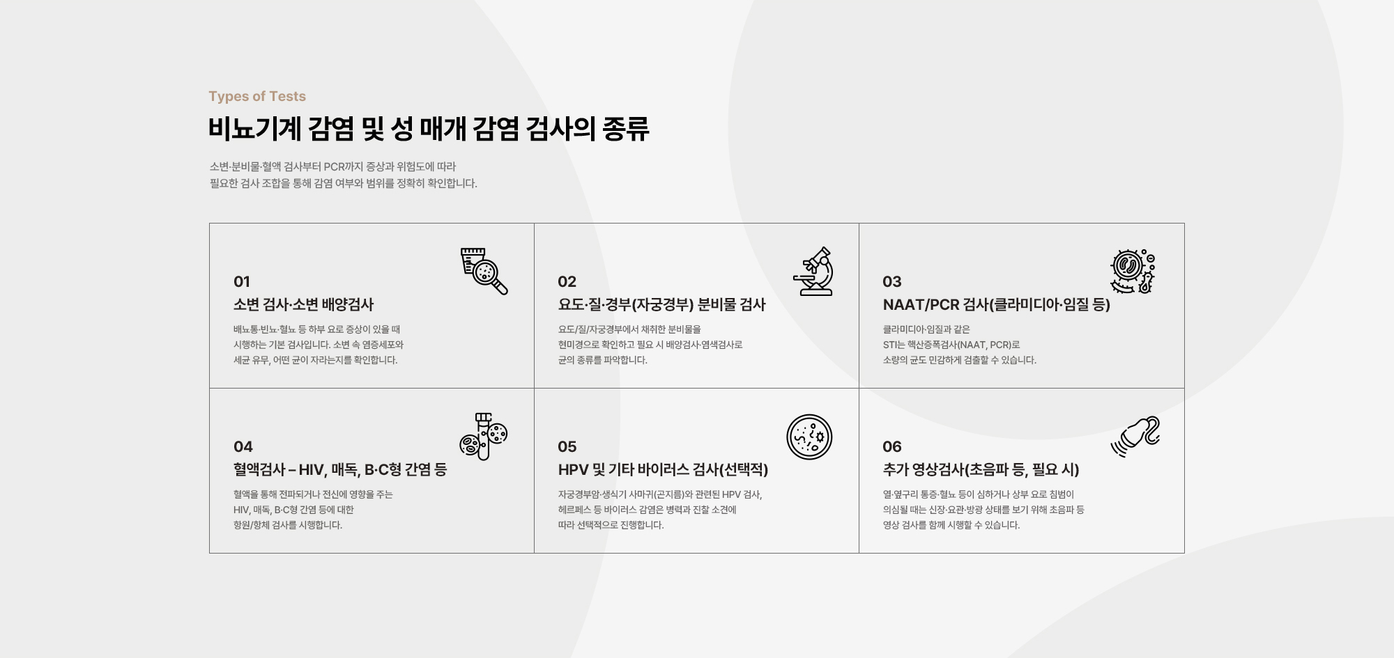비뇨기계 감염 및 성 매개 감염 검사의 종류 : 소변 검사·소변 배양검사, 요도·질·경부(자궁경부) 분비물 검사, NAAT/PCR 검사(클라미디아·임질 등), 혈액검사 – HIV, 매독, B·C형 간염 등, HPV 및 기타 바이러스 검사(선택적), 추가 영상검사(초음파 등, 필요 시)