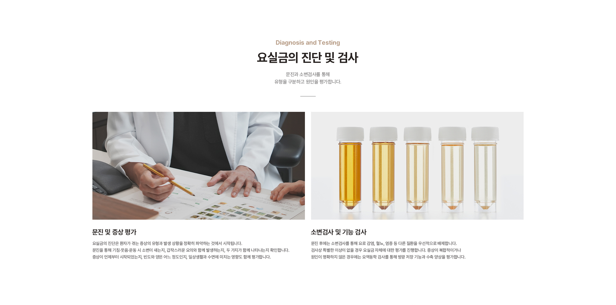 요실금의 진단 및 검사 : 문진 및 증상 평가, 소변검사 및 기능 검사