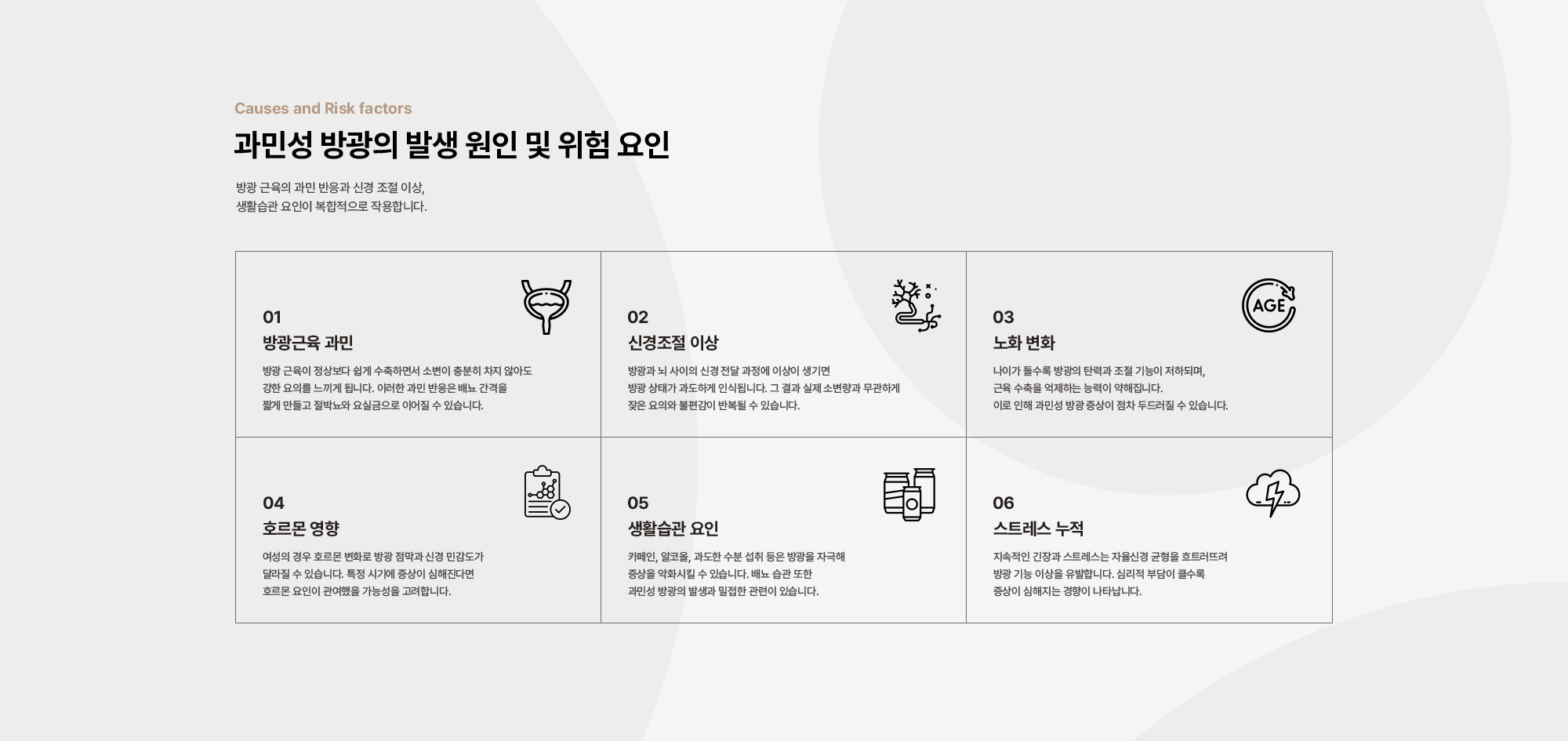 과민성 방광의 발생 원인 및 위험 요인 : 방광근육 과민, 신경조절 이상, 노화 변화, 호르몬 영향, 생활습관 요인, 스트레스 누적