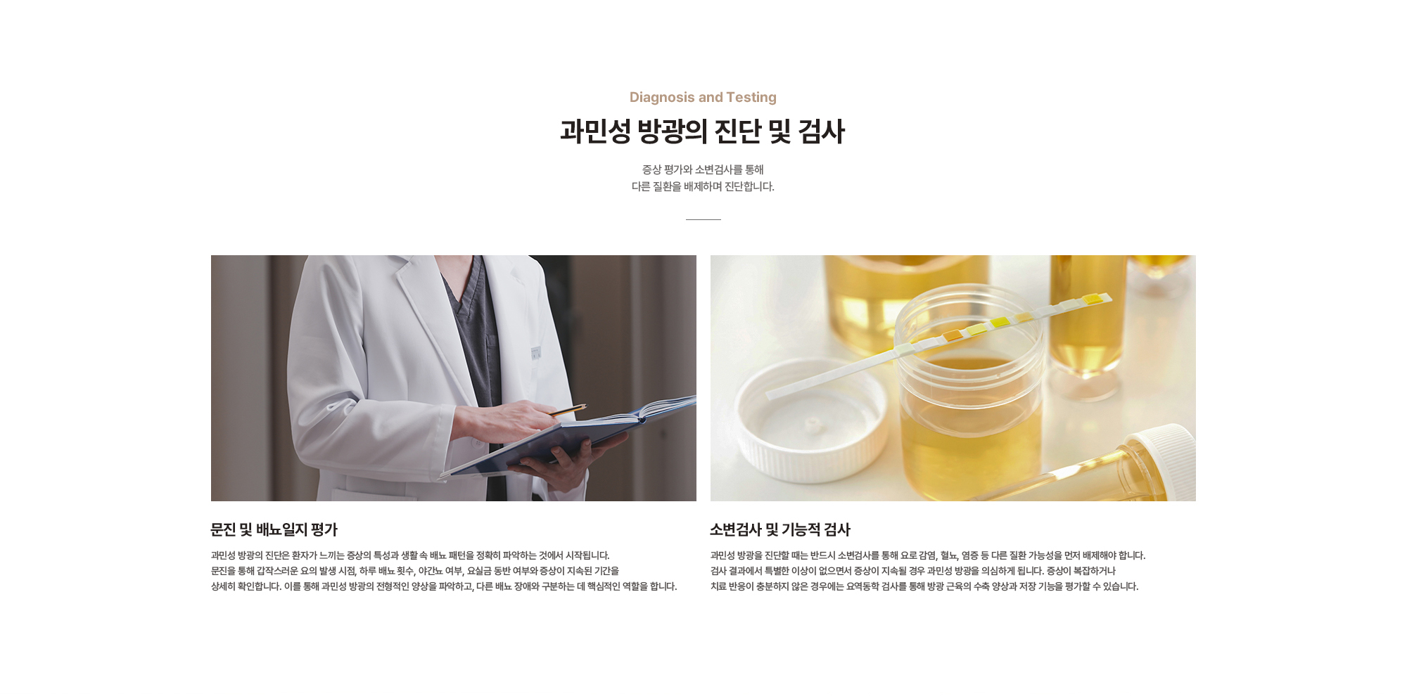 과민성 방광의 진단 및 검사 : 문진 및 배뇨일지 평가, 소변검사 및 기능적 검사